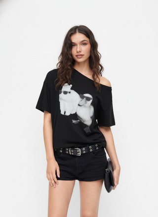 Asymmetrical Neck Rabbit & Duck Graphic Tee
