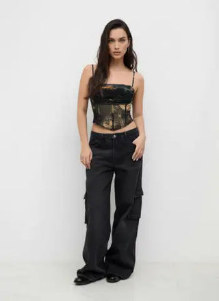 Mesh Abstract Ruched Corset Crop Cami Top