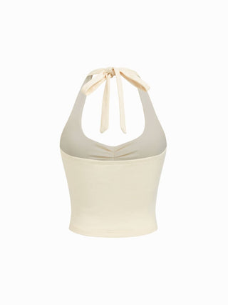 Cotton-Blend Halter Neckline Ruched Knotted Crop Tee