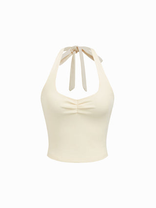 Cotton-Blend Halter Neckline Ruched Knotted Crop Tee