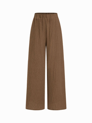 Texture Boat Neck Asymmetrical Hem Top & Mid Rise Straight Leg Trousers Set