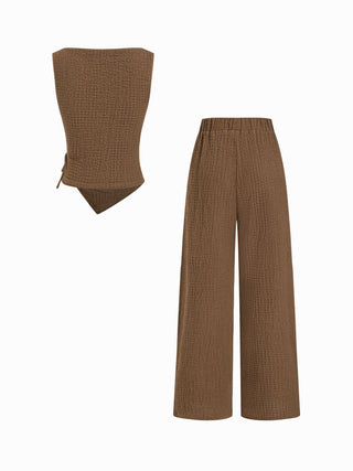 Texture Boat Neck Asymmetrical Hem Top & Mid Rise Straight Leg Trousers Set