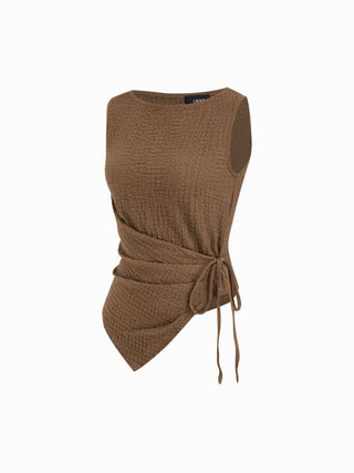 Texture Boat Neck Asymmetrical Hem Top & Mid Rise Straight Leg Trousers Set