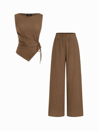 Texture Boat Neck Asymmetrical Hem Top & Mid Rise Straight Leg Trousers Set