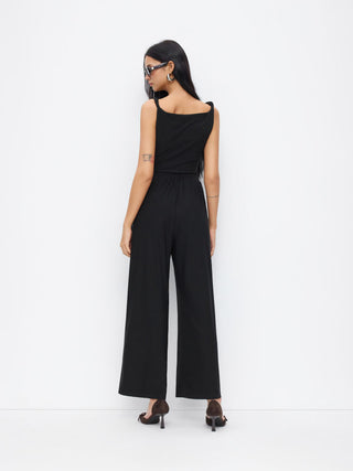 Knit Fabric Boat Neck Ruched Asymmetrical Hem Wide Leg Jumpsuit For Daily Casual Work