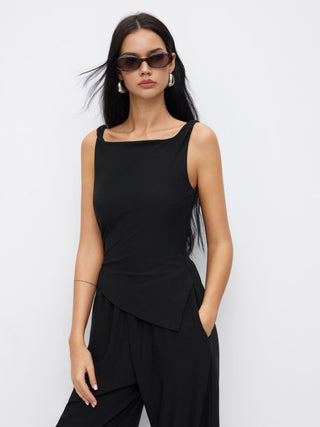 Knit Fabric Boat Neck Ruched Asymmetrical Hem Wide Leg Jumpsuit For Daily Casual Work