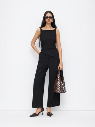 Knit Fabric Boat Neck Ruched Asymmetrical Hem Wide Leg Jumpsuit For Daily Casual Work