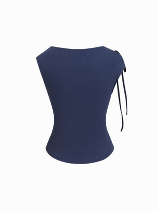 Asymmetrical Neck Bowknot Cinched Waist Ruched Tee