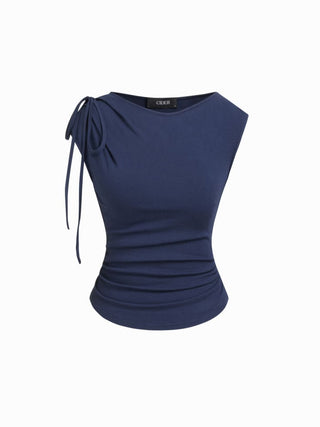 Asymmetrical Neck Bowknot Cinched Waist Ruched Tee