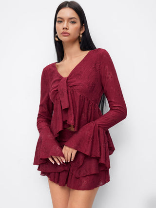 Lace V-neck Pointelle Bell Sleeve Crop Top With Ruched Mini Skirt Set