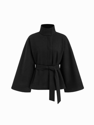 Wool-look Stand Collar Cloak Sleeve Oversized Jacket With Belt