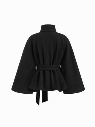Wool-look Stand Collar Cloak Sleeve Oversized Jacket With Belt