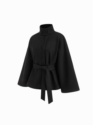 Wool-look Stand Collar Cloak Sleeve Oversized Jacket With Belt