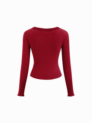 Thermal Cotton-blend V-neck Long Sleeve Lace Trim Ruched Tee