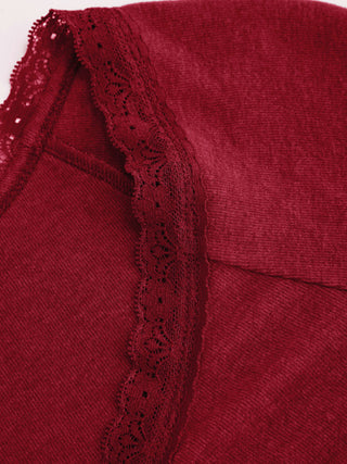 Thermal Cotton-blend V-neck Long Sleeve Lace Trim Ruched Tee