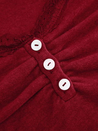 Thermal Cotton-blend V-neck Long Sleeve Lace Trim Ruched Tee