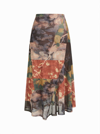 Mesh Mid Rise Abstract Graphic Floral Asymmetrical Hem Maxi Skirt