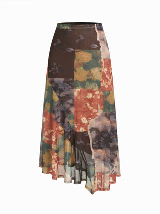 Mesh Mid Rise Abstract Graphic Floral Asymmetrical Hem Maxi Skirt