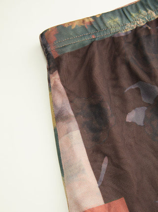 Mesh Mid Rise Abstract Graphic Floral Asymmetrical Hem Maxi Skirt
