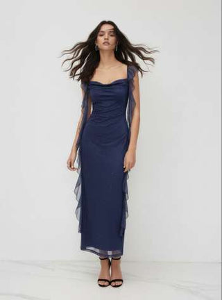 Cowl Neck Solid Glitter Ruffle Hem Maxi Dress