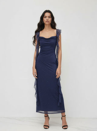 Cowl Neck Solid Glitter Ruffle Hem Maxi Dress
