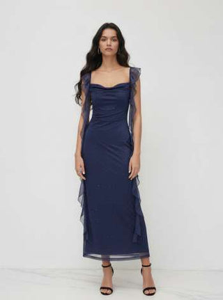 Cowl Neck Solid Glitter Ruffle Hem Maxi Dress