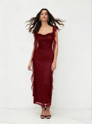 Cowl Neck Solid Glitter Ruffle Hem Maxi Dress