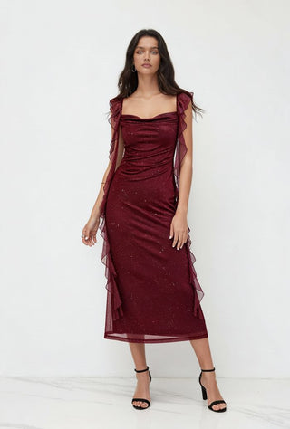 Cowl Neck Solid Glitter Ruffle Hem Maxi Dress