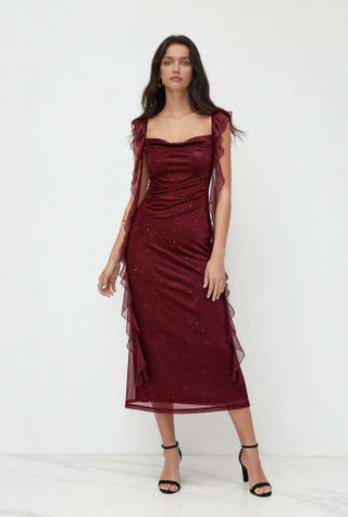 Cowl Neck Solid Glitter Ruffle Hem Maxi Dress