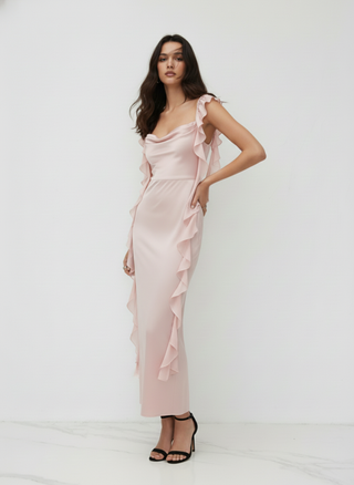 Satin Cowl Neck Solid Ruffle Hem Maxi Dress
