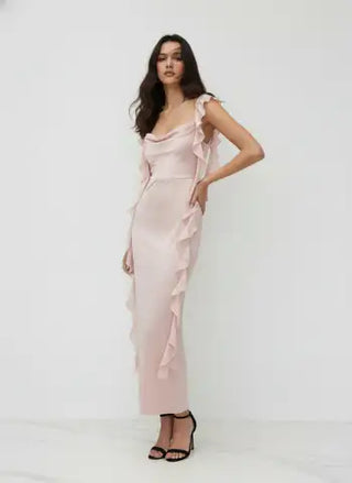 Satin Cowl Neck Solid Ruffle Hem Maxi Dress