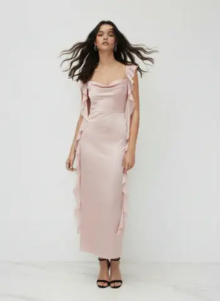 Satin Cowl Neck Solid Ruffle Hem Maxi Dress