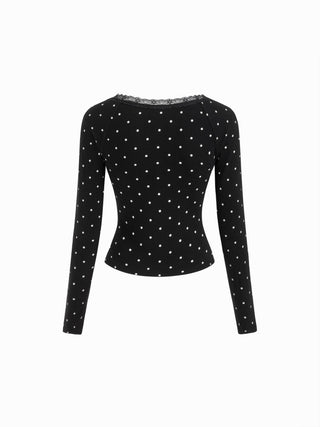 Thermal Cotton-blend V-neck Long Sleeve Lace Trim Ruched Tee