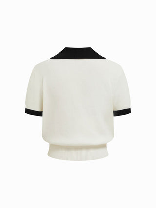 Knit Collar Colorblock Metal Button Short Sleeve Top