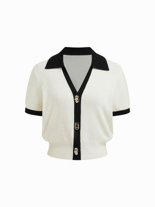 Knit Collar Colorblock Metal Button Short Sleeve Top
