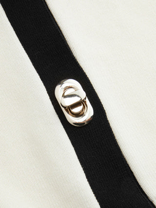 Knit Collar Colorblock Metal Button Short Sleeve Top