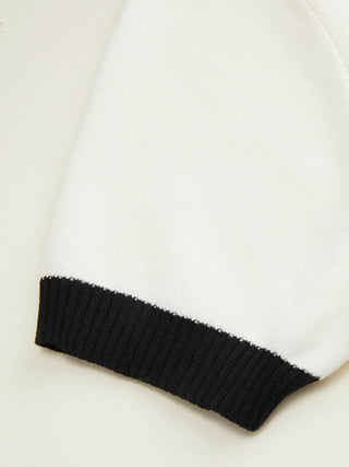 Knit Collar Colorblock Metal Button Short Sleeve Top