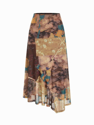 Mesh Mid Rise Abstract Graphic Floral Asymmetrical Hem Maxi Skirt