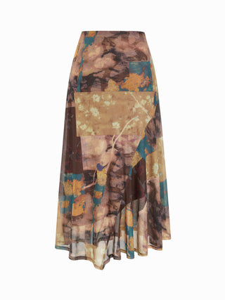 Mesh Mid Rise Abstract Graphic Floral Asymmetrical Hem Maxi Skirt
