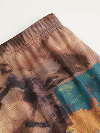 Mesh Mid Rise Abstract Graphic Floral Asymmetrical Hem Maxi Skirt
