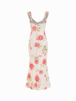 Mesh Floral Graphic V-neck Knotted Mermaid Maxi Dress