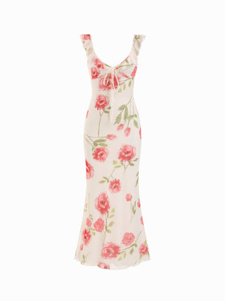 Mesh Floral Graphic V-neck Knotted Mermaid Maxi Dress