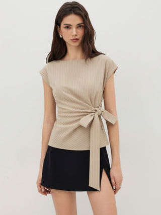 Woven Boat Neck Stripe Knotted Oversized Top For Work