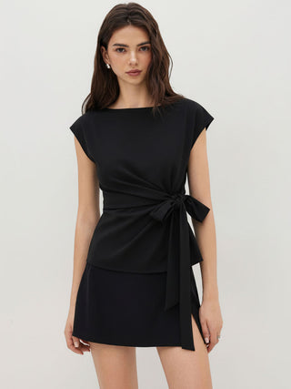 Woven Boat Neck Stripe Knotted Oversized Top For Work