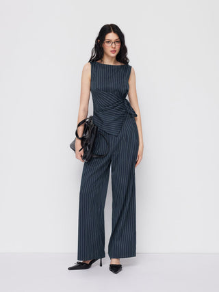 Boat Neck Striped Wrap Knotted Top & Mid Rise Straight Leg Trousers Set