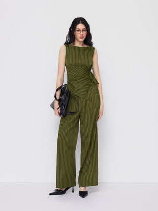 Boat Neck Striped Wrap Knotted Top & Mid Rise Straight Leg Trousers Set