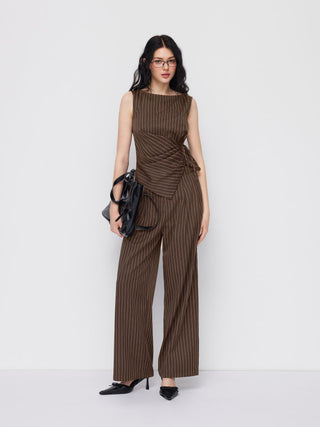 Boat Neck Striped Wrap Knotted Top & Mid Rise Straight Leg Trousers Set
