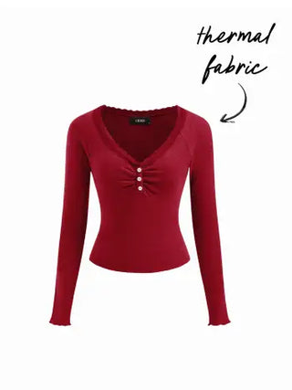 Thermal Cotton-blend V-neck Long Sleeve Lace Trim Ruched Tee