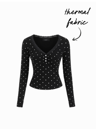 Thermal Cotton-blend V-neck Long Sleeve Lace Trim Ruched Tee