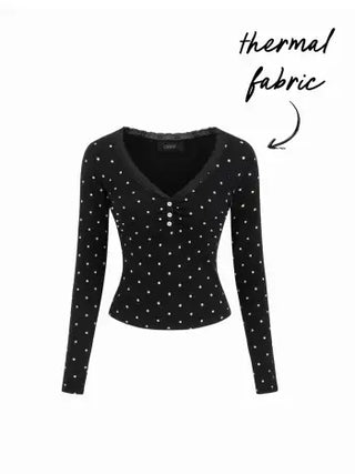 Thermal Cotton-blend V-neck Long Sleeve Lace Trim Ruched Tee